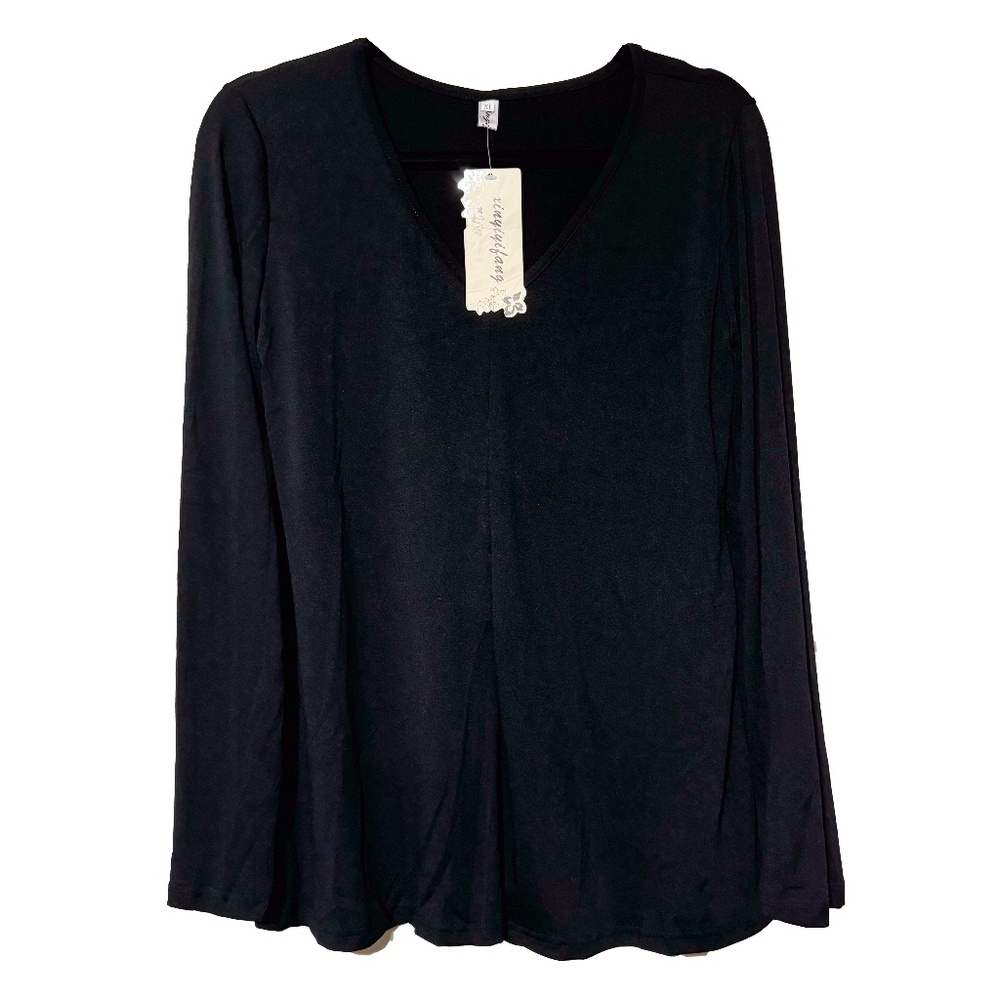 NEW WITH TAGS Xinyiyifang Black V-Neck Solid Long Sleeve Shirt Flow Top Sz XL